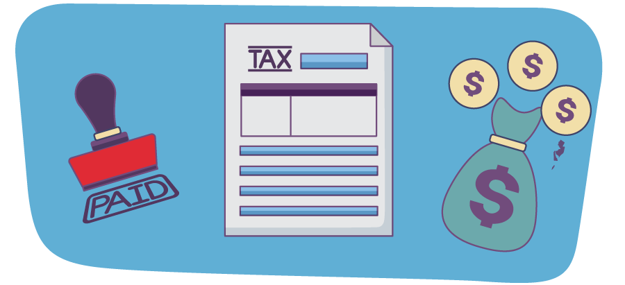 illustration of a tax form, money, and a paid stamp