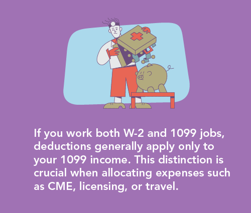 graphic explaining that If locum doctors work both W-2 and 1099 jobs, deductions generally apply only to your 1099 income