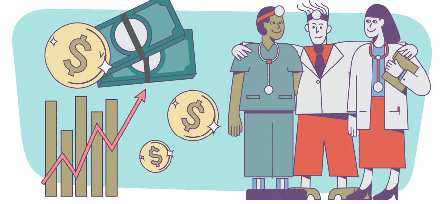 Graphic of physicians next to graphic of pay trends