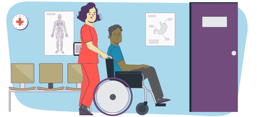 Illustration of a locum tenens NP pushing a patient in a wheelchair