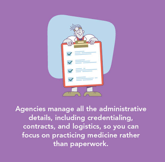 graphic explaining what things locums agencies take care of for doctors working locums assignments
