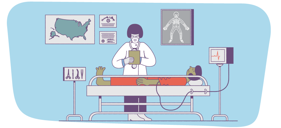Illustration of an anesthesiologist with a patient in hospital