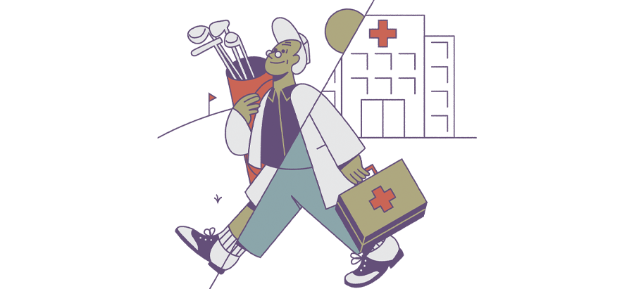 Illustration of physician split between one side walking with golf clubs the other side a medical case
