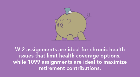 Graphic stating W-2 assignments are ideal for chronic health issues that limit health coverage options, while 1099 assignments are ideal to maximize retirement controbutions.