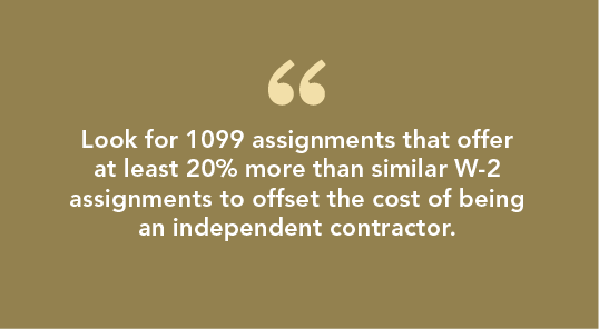 Graphic with Ben Nanney quote to look for 1099 locum assignments that offer at least 20% more than W-2 assignments