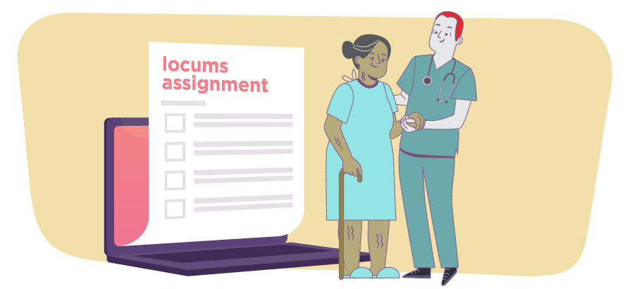 Illustration of NP and patient and locum tenens credentialing paperwork