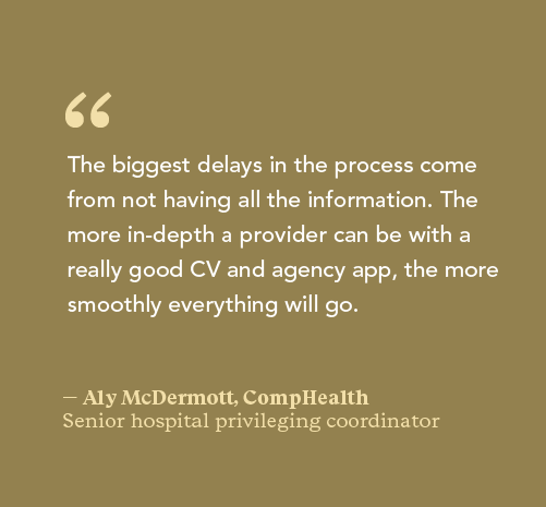Graphic with quote from Aly McDermott with CompHealth advising PAs to be thorough and in-depth with their CV for a smooth locums onboarding process