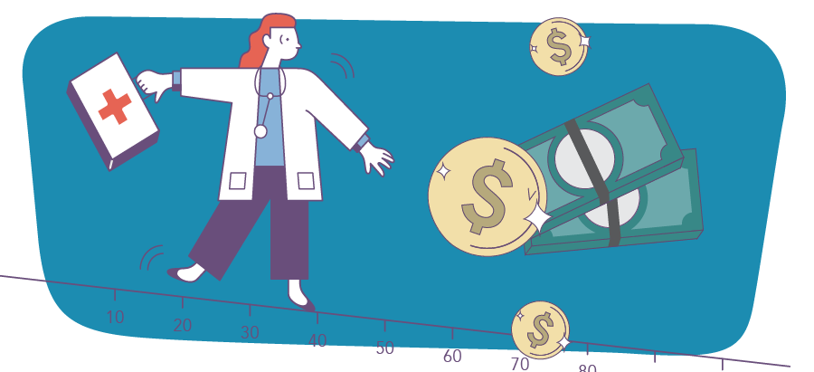 Graphic showing a healthcare professional balancing on numered line with money symbols