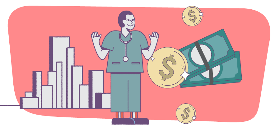 Graphic showing a male medical professional with a building and money