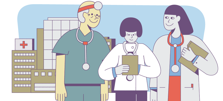 Illustrations of physicians in front of a hospital