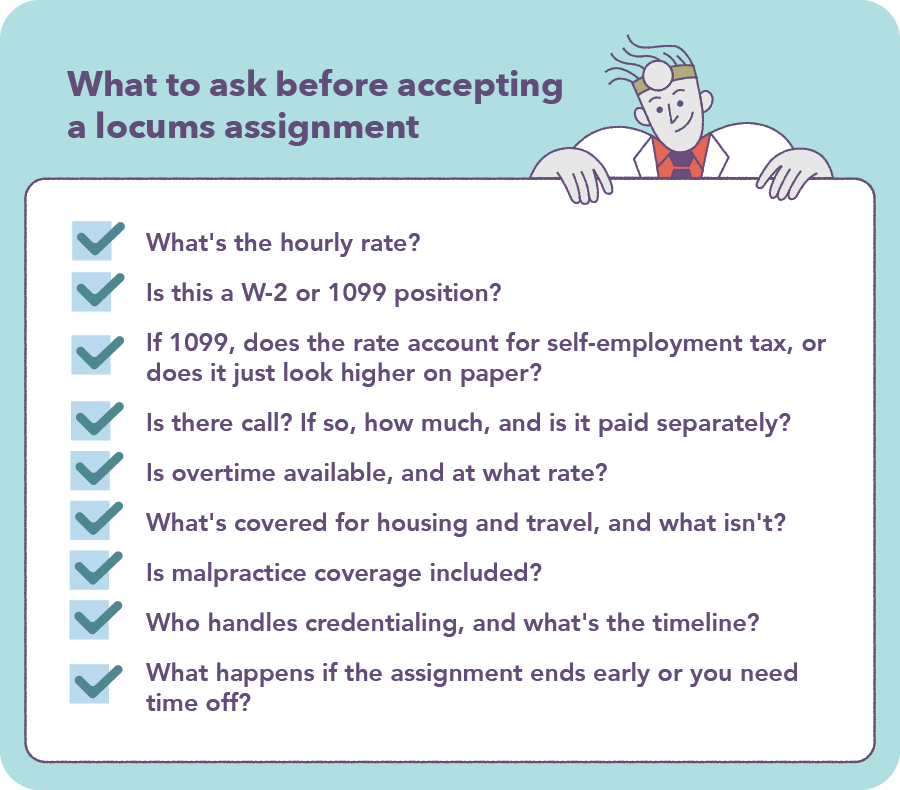 Graphic explaing questions to ask before a locums assignment with an icon of a physician
