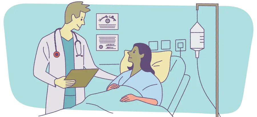 illustrated graphic of a male physician treating a female patient