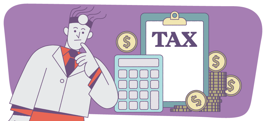 graphic image of locum tenens physician contemplating taxes