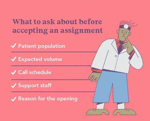 Graphic bullet list on topics to ask about before accepting a locum tenens medical oncolgy assignment